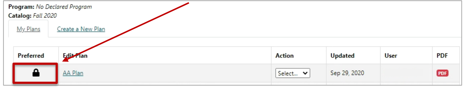 Screenshot showing the locked icon of the approved plan under My Plans