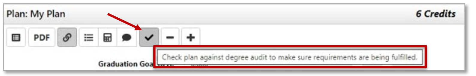 Screenshot showing the checkmark icon where users can check their plan against degree audit to make sure requirements are being fulfilled