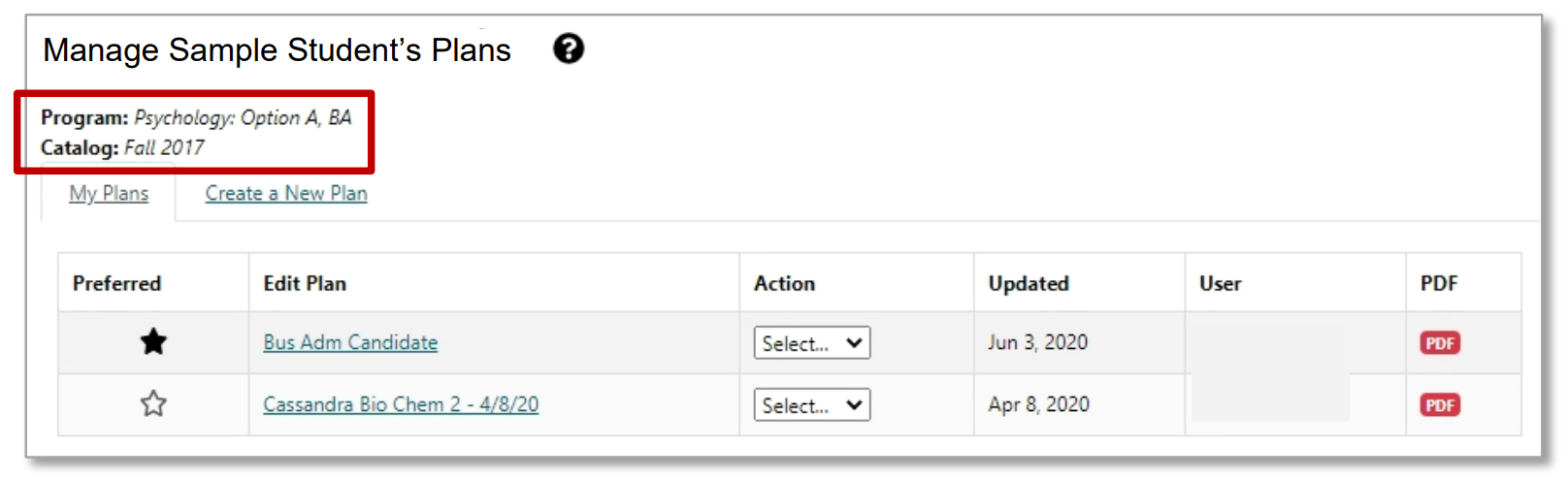 Screenshot of the manage plans page, highlighting the program and catalog
