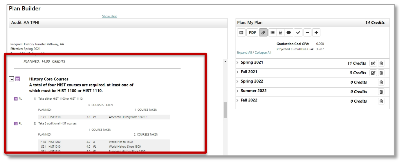 Screenshot of planned courses which have a purple calendar icon next to the PL code