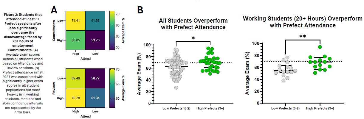 Graph showing that students who attended at least 3+ prefect sessions significantly overcame the disadvantage of working 20+ hours per week.