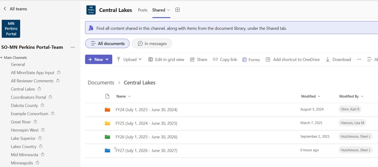 This screenshot shows the Minnesota Perkins Portal within Microsoft Teams. The Central Lakes consortium channel is open, and the Shared tab is selected. A document library is visible with folders labeled by fiscal year, including FY24, FY25, FY26, and FY27. These folders are used to organize grant applications and related materials.  The left navigation panel lists multiple consortium channels, many of which are marked as private, indicating restricted access. The interface also includes options to upload, share, and manage documents within the Teams environment.