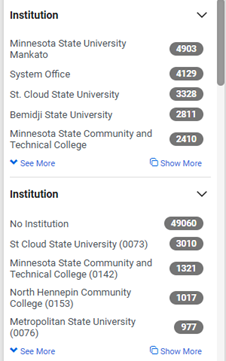 screenshot from JAGGAER of institution filter results