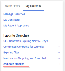 screenshot from JAGGAER of my searches  - favorite searches, highlighting end date 60 days