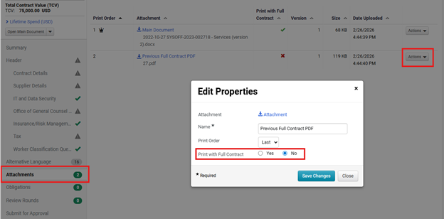 Attachments tab actions screenshot