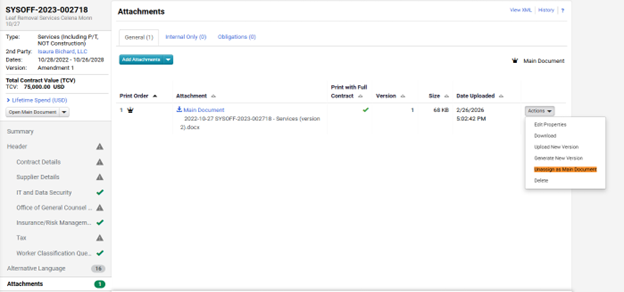 Amendment template selection screenshot