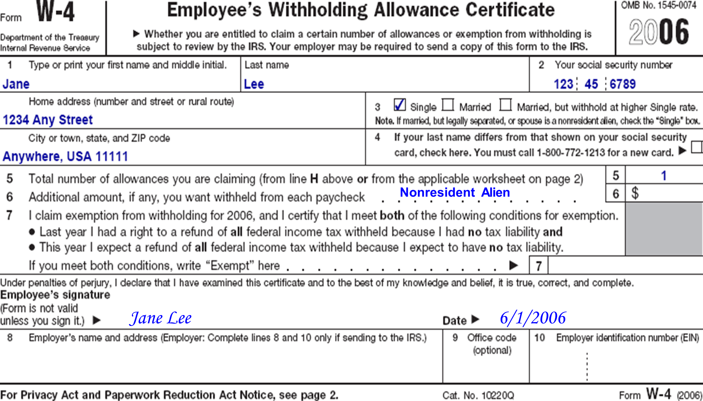  W-4 example of text to put in lines 5 and 6 if individual is a nonresident alien