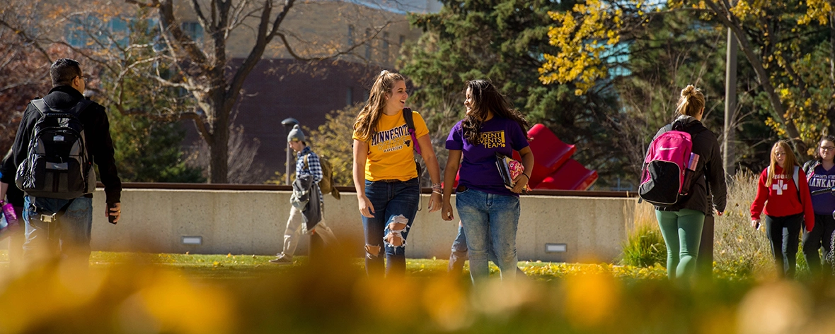 MSU students walk on campus in the fall.